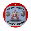 Decorative tag with Santa Claus lifting weights and text 'Silent Night Heavy Squat' on a red border.