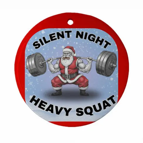 Decorative tag with Santa Claus lifting weights and text 'Silent Night Heavy Squat' on a red border.