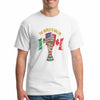 Hand-drawn trophy-shaped fan art formed by blended USA, Mexico, and Canada flag colors, sketched texture, no background — World Is Ballin T Shirt design.