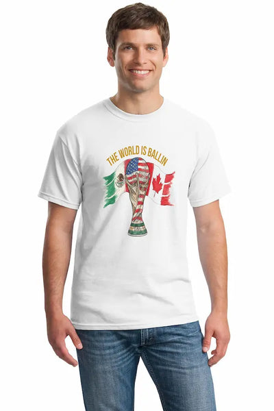 Hand-drawn trophy-shaped fan art formed by blended USA, Mexico, and Canada flag colors, sketched texture, no background — World Is Ballin T Shirt design.