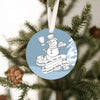 Handdrawn snowman Christmas ornament with cookie-themed details, illustrated sketch style, no background.