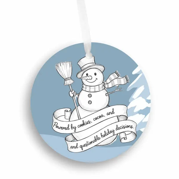 Handdrawn snowman Christmas ornament with cookie-themed details, illustrated sketch style, no background.