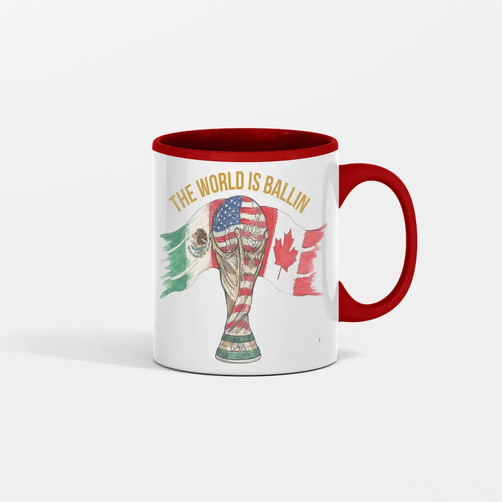 Hand-drawn illustration on a white ceramic The World is Ballin Fandom Soccer Mug with swirling global flags and soccer-themed parody artwork.