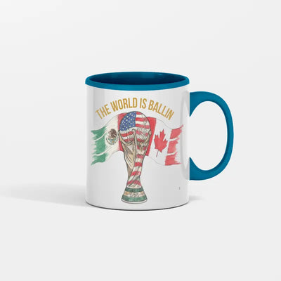 Hand-drawn illustration on a white ceramic The World is Ballin Fandom Soccer Mug with swirling global flags and soccer-themed parody artwork.