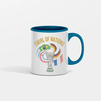 Hand-drawn swirling international flag design on a ceramic coffee mug celebrating World Cup fan culture parody.