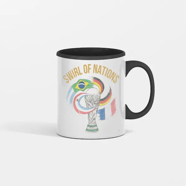 Hand-drawn swirling international flag design on a ceramic coffee mug celebrating World Cup fan culture parody.