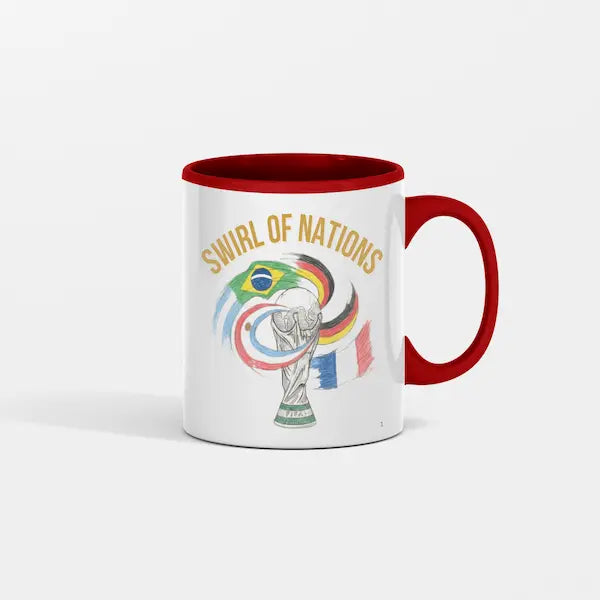 Hand-drawn swirling international flag design on a ceramic coffee mug celebrating World Cup fan culture parody.