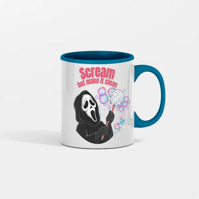 Mug with a graphic of a character holding bubbles and text 'Scream but make it clean' on a white background.