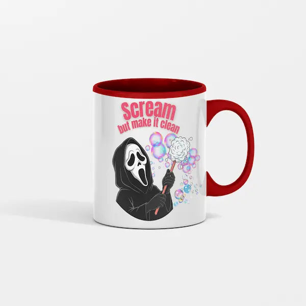 Mug with a design of a character holding bubbles and text 'Scream but make it clean' on a white background.