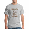 Sarcastic T-shirt reading “Espresso First, Faith Always,” styled with coffee 
cup and minimalist Jesus illustration, bold modern typography.
