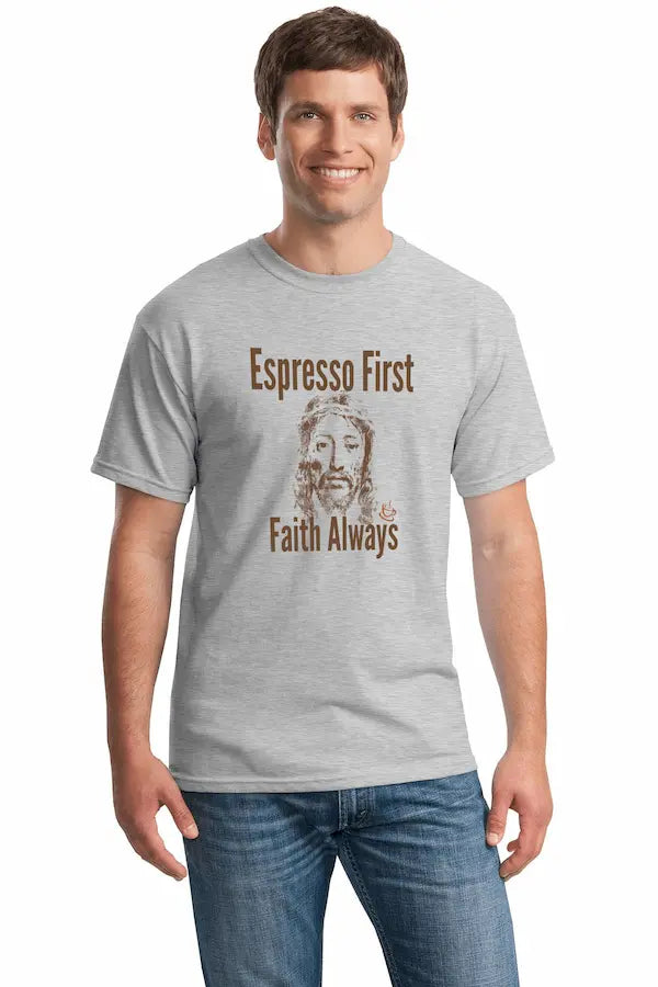 Sarcastic T-shirt reading “Espresso First, Faith Always,” styled with coffee 
cup and minimalist Jesus illustration, bold modern typography.
