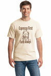Sarcastic T-shirt reading “Espresso First, Faith Always,” styled with coffee 
cup and minimalist Jesus illustration, bold modern typography.
