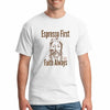 Sarcastic T-shirt reading “Espresso First, Faith Always,” styled with coffee 
cup and minimalist Jesus illustration, bold modern typography.
