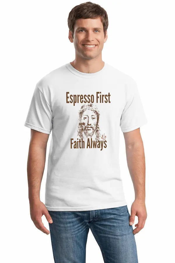 Sarcastic T-shirt reading “Espresso First, Faith Always,” styled with coffee 
cup and minimalist Jesus illustration, bold modern typography.
