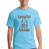 Sarcastic T-shirt reading “Espresso First, Faith Always,” styled with coffee 
cup and minimalist Jesus illustration, bold modern typography.
