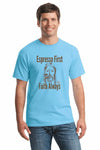 Sarcastic T-shirt reading “Espresso First, Faith Always,” styled with coffee 
cup and minimalist Jesus illustration, bold modern typography.
