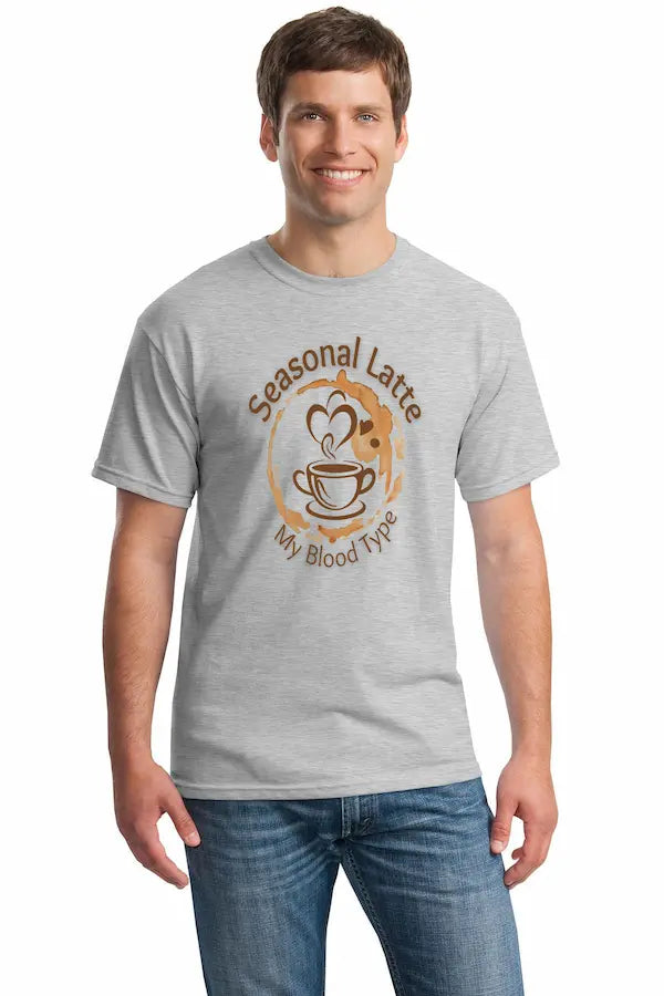 “Seasonal Latte My Blood Type T Shirt design featuring sarcastic fall coffee graphic”