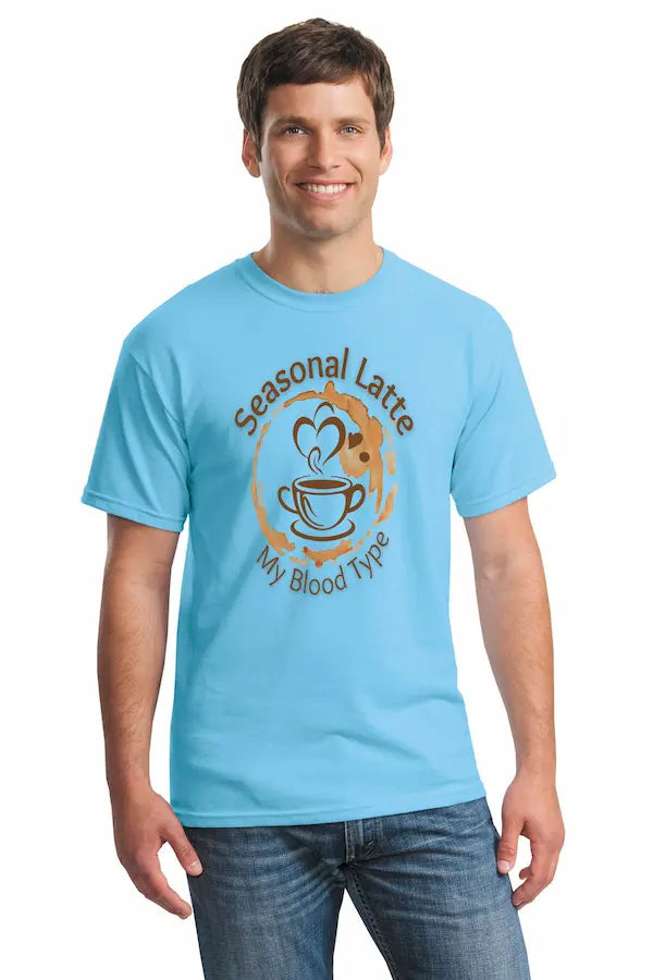 “Seasonal Latte My Blood Type T Shirt design featuring sarcastic fall coffee graphic”