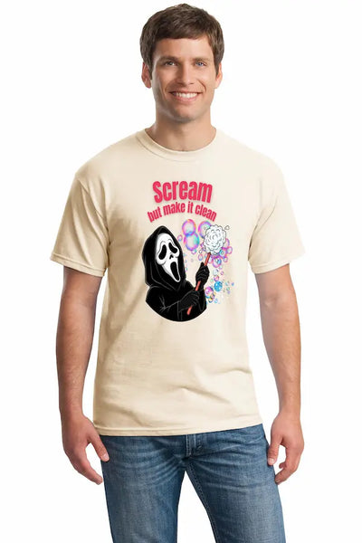 “Scream but Make It Clean T Shirt with bold graphic text, classic fit Gildan cotton tee, humorous expressive design.”