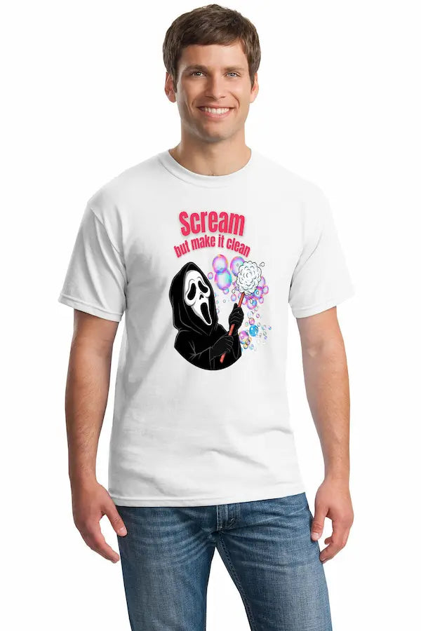 “Scream but Make It Clean T Shirt with bold graphic text, classic fit Gildan cotton tee, humorous expressive design.”