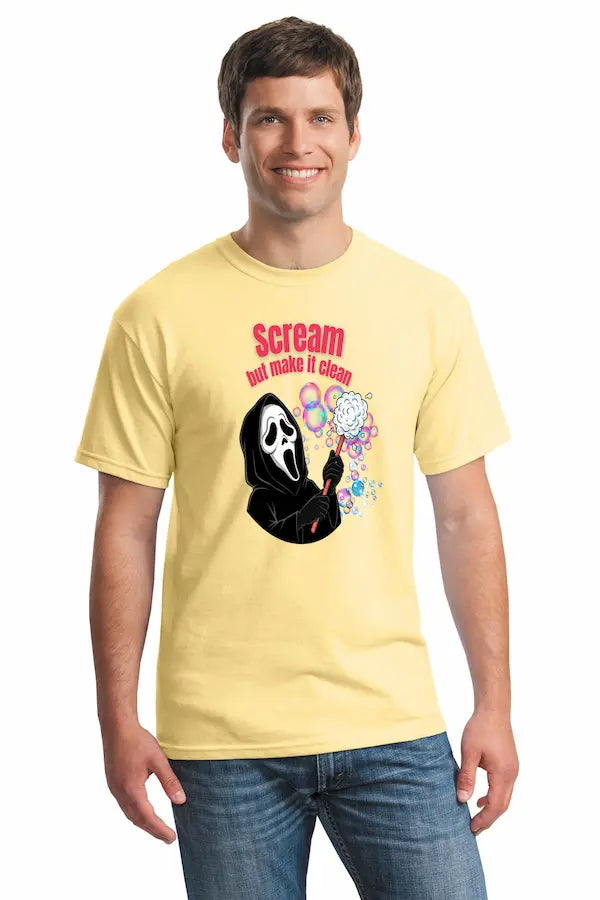 “Scream but Make It Clean T Shirt with bold graphic text, classic fit Gildan cotton tee, humorous expressive design.”