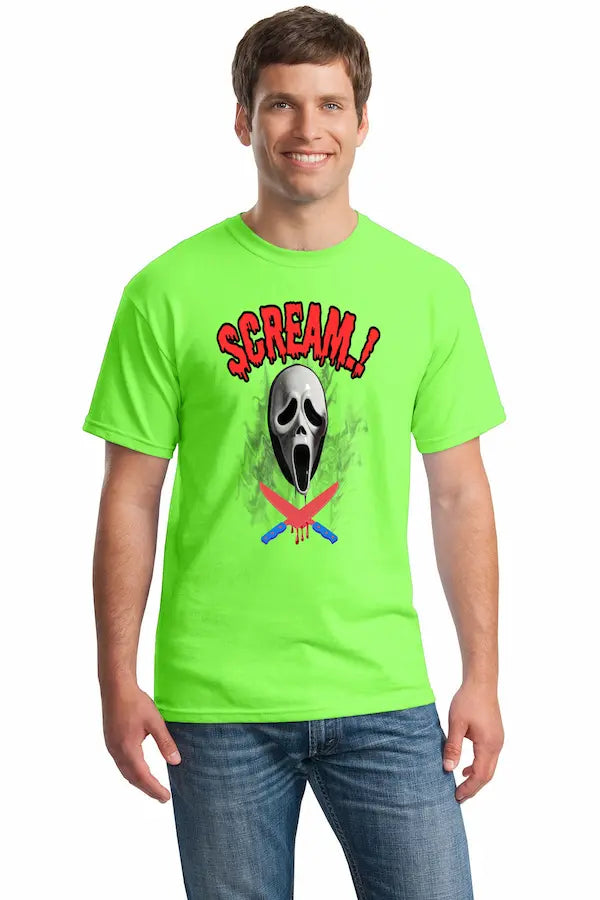 “Hand-drawn chaotic scream-inspired abstract face graphic on a classic black t-shirt — clean lines, bold contrast, expressive energy.”