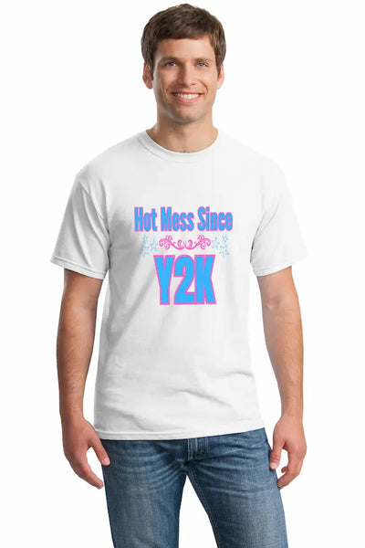 “Hot Mess Since Y2K T-Shirt – vintage graphic tee with Y2K-inspired print and chaotic millennial nostalgia aesthetic.”