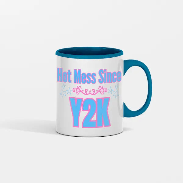 “Hot Mess Since Y2K 2.0 ceramic coffee mug featuring bold retro text, 
nostalgic pink-and-black 2000s aesthetic, and humorous design celebrating 
modern chaos.”

