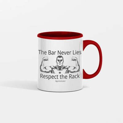 “The Bar Never Lies Coffee Mug on gym bench with weights and chalk dust”