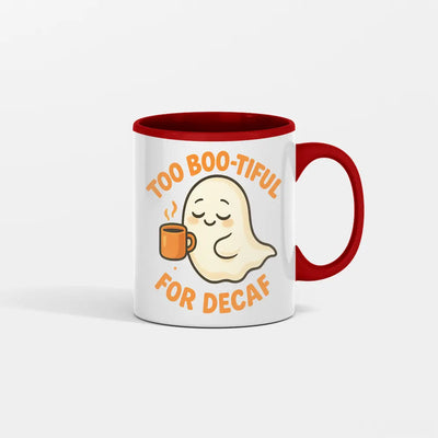 “Too Boo-Tiful Coffee Mug with cute ghost graphic and bold spooky text”