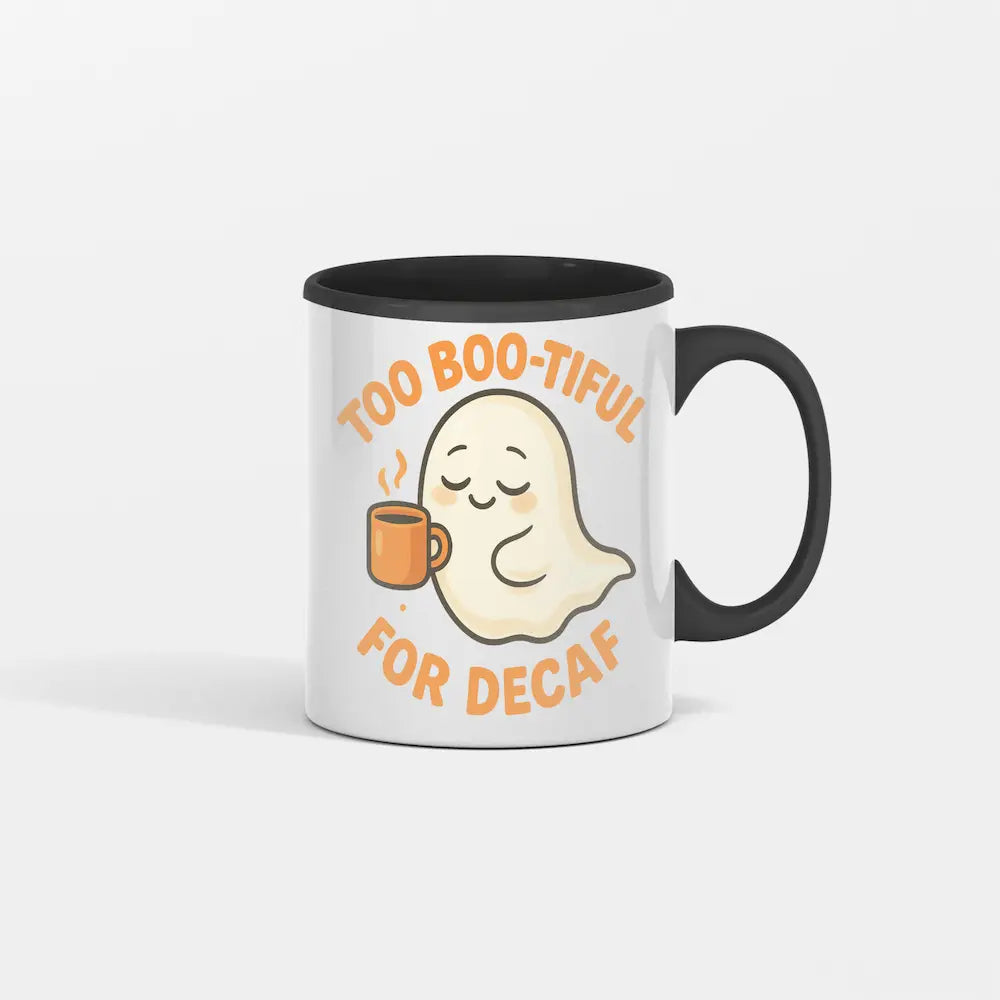 “Too Boo-Tiful Coffee Mug with cute ghost graphic and bold spooky text”