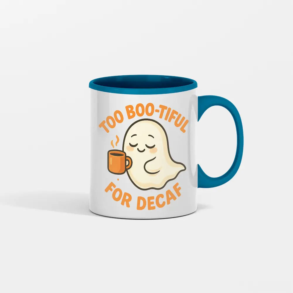“Too Boo-Tiful Coffee Mug with cute ghost graphic and bold spooky text”