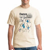 “Hand-drawn dancing skeleton graphic on a minimalist dark humor T-shirt.”