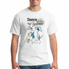 “Hand-drawn dancing skeleton graphic on a minimalist dark humor T-shirt.”