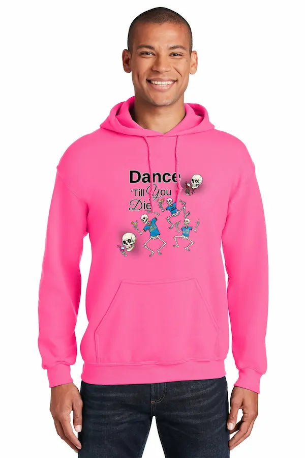 Skeleton dancing at night wearing hoodie – “Bones After Hours Dance Hoodie” – hand-drawn style, bold linework, urban night backdrop.