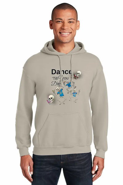 Skeleton dancing at night wearing hoodie – “Bones After Hours Dance Hoodie” – hand-drawn style, bold linework, urban night backdrop.