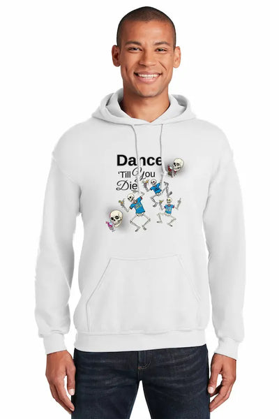 Skeleton dancing at night wearing hoodie – “Bones After Hours Dance Hoodie” – hand-drawn style, bold linework, urban night backdrop.
