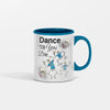 “Skeleton Rockin’ Dance Club black ceramic mug with dancing skeleton graphic holding coffee”