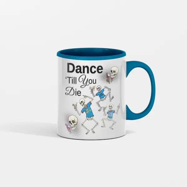 “Skeleton Rockin’ Dance Club black ceramic mug with dancing skeleton graphic holding coffee”