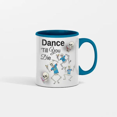 “Skeleton Rockin’ Dance Club black ceramic mug with dancing skeleton graphic holding coffee”