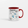 “Skeleton Rockin’ Dance Club black ceramic mug with dancing skeleton graphic holding coffee”