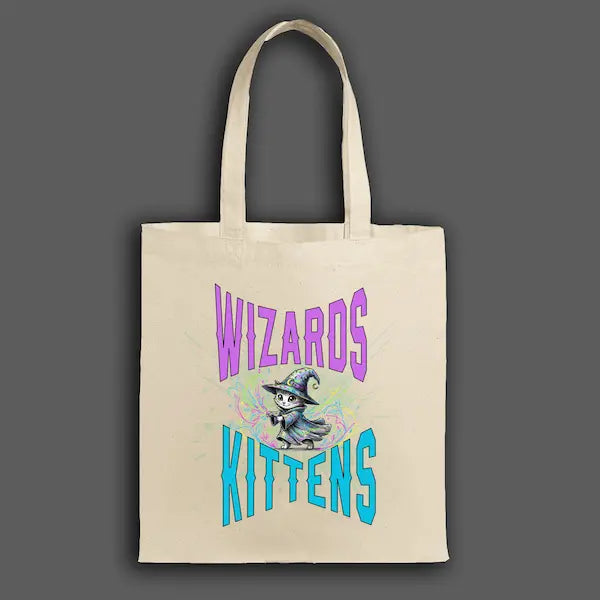 Wizard Kittens Tote Bag featuring illustrated magical cats in fantasy wizard theme