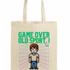 Retro pixel-style “Game Over, Old Sport!” tote bag inspired by 80s and 90s video games