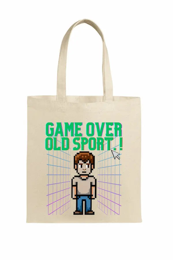 Retro pixel-style “Game Over, Old Sport!” tote bag inspired by 80s and 90s video games