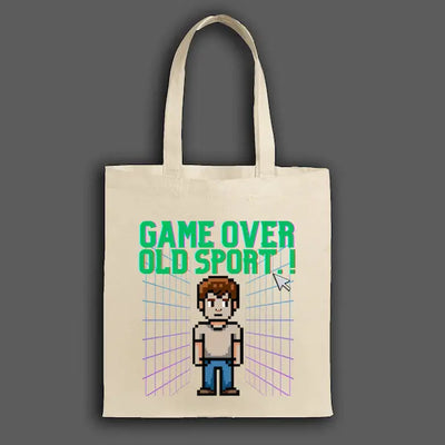 Retro pixel-style “Game Over, Old Sport!” tote bag inspired by 80s and 90s video games