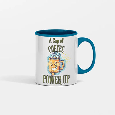 White ceramic coffee mug reading “A Cup of Coffee Power Up” held during a morning routine with natural light and a casual workspace background.