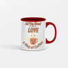 Typographic illustration featuring the phrase “All You Need Is Love & a Mug of Coffee” with a vintage coffee mug icon, warm neutral tones, and retro-inspired lettering