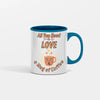 Typographic illustration featuring the phrase “All You Need Is Love & a Mug of Coffee” with a vintage coffee mug icon, warm neutral tones, and retro-inspired lettering