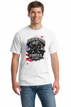 Cotton T-shirt with bold “American Pride – Forged by Work” text, modeled on a rugged workspace background.