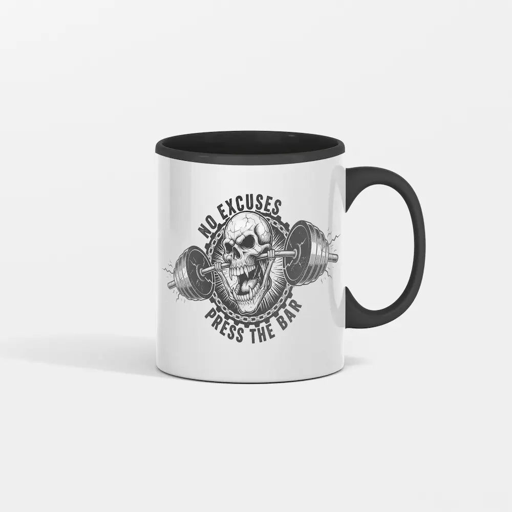 No Excuses Press The Bar Mug on gym bench with coffee and barbell